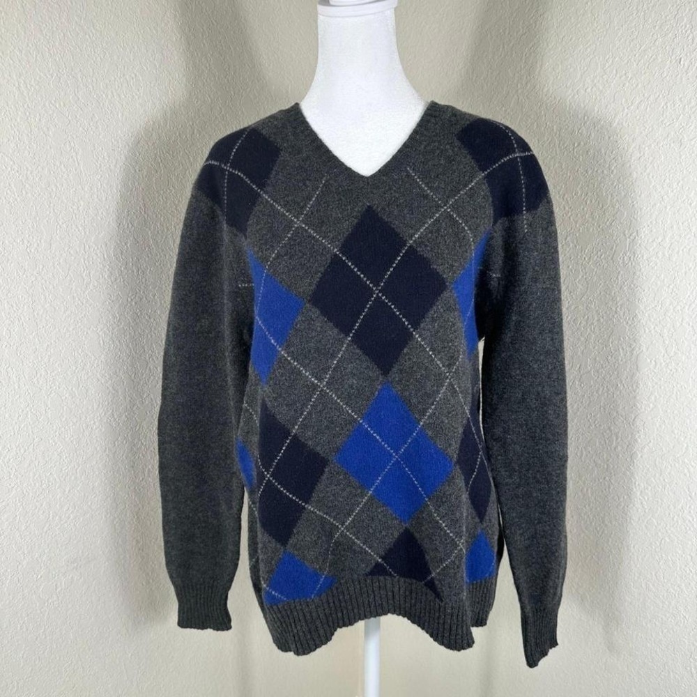 J Crew Sweater Womens Medium Gray Argyle Diamonds Preppy Academia‎ Old Money